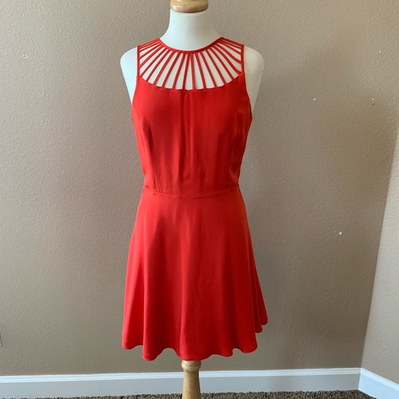 red silk skater dress